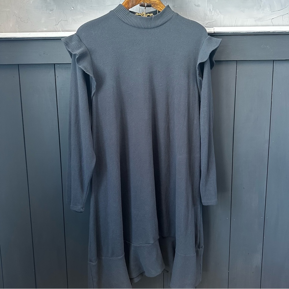 LC Lauren Conrad Slate Gray Long Sleeve Ruffle Shoulder Dress